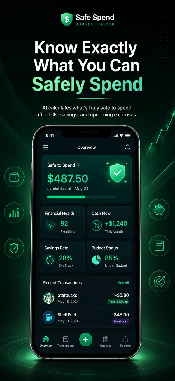 The Safe Spend app on a phone, showing a Safe to Spend balance, a financial health score and recent transactions