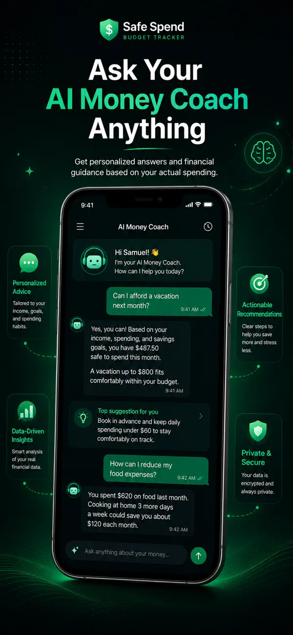AI money coach chat answering whether the user can afford a vacation based on their safe-to-spend amount
