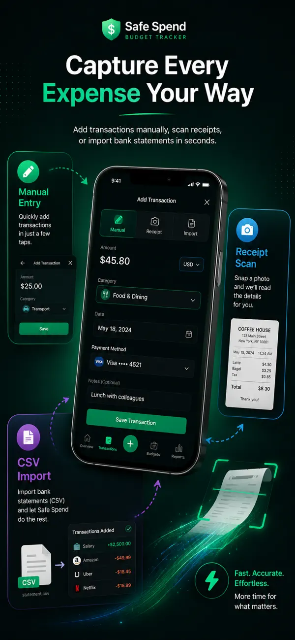 Add transaction screen with manual entry, receipt scan and CSV import options